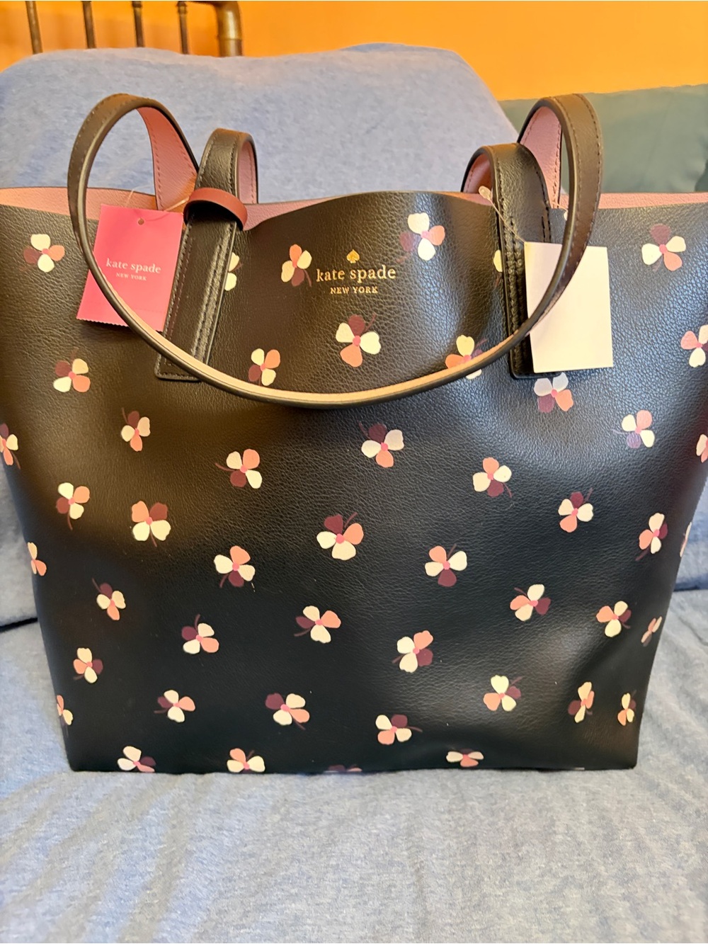 Kate Spade Vintage Black Leather Floral Pup Multi Print Tote with Pink Accents - Picture 1 of 7